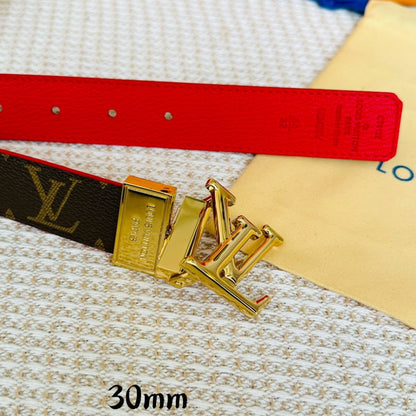 LV Initiales 30mm Reversible Belt Gold Rotating Buckle Red Brown Leather