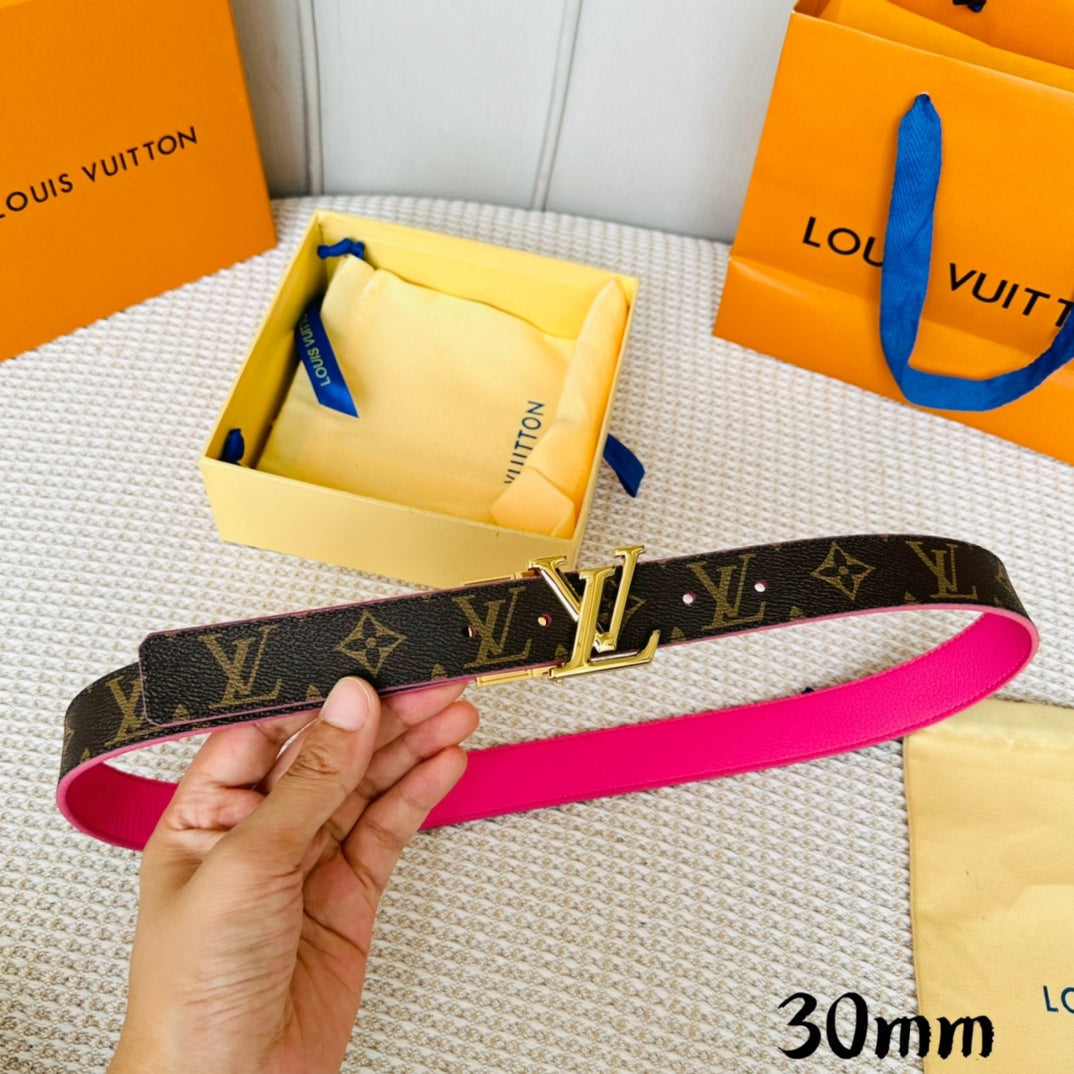 LV Initiales 30mm Reversible Belt Gold Rotating Buckle Hot Pink Brown Leather