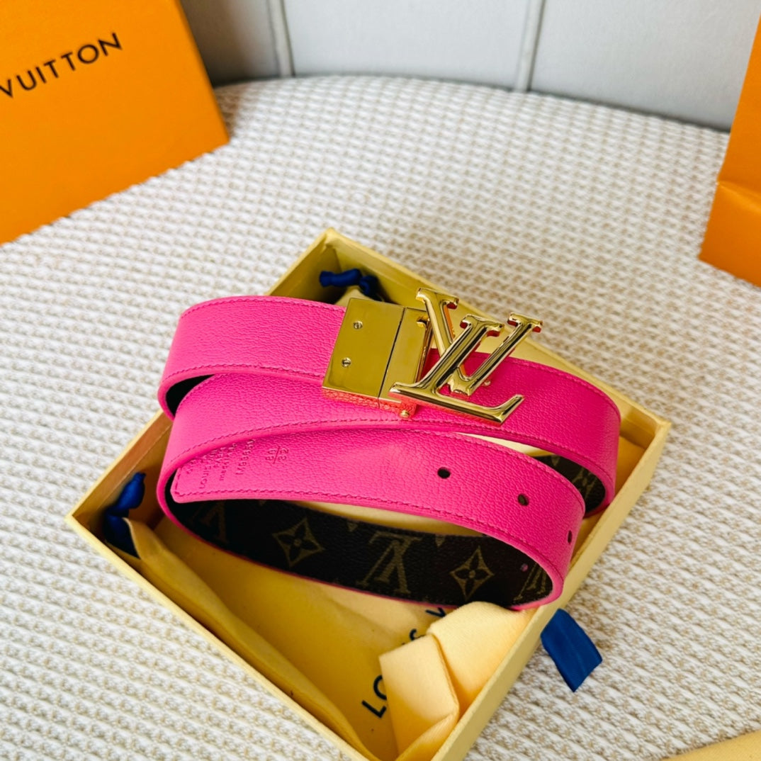 LV Initiales 30mm Reversible Belt Gold Rotating Buckle Hot Pink Brown Leather
