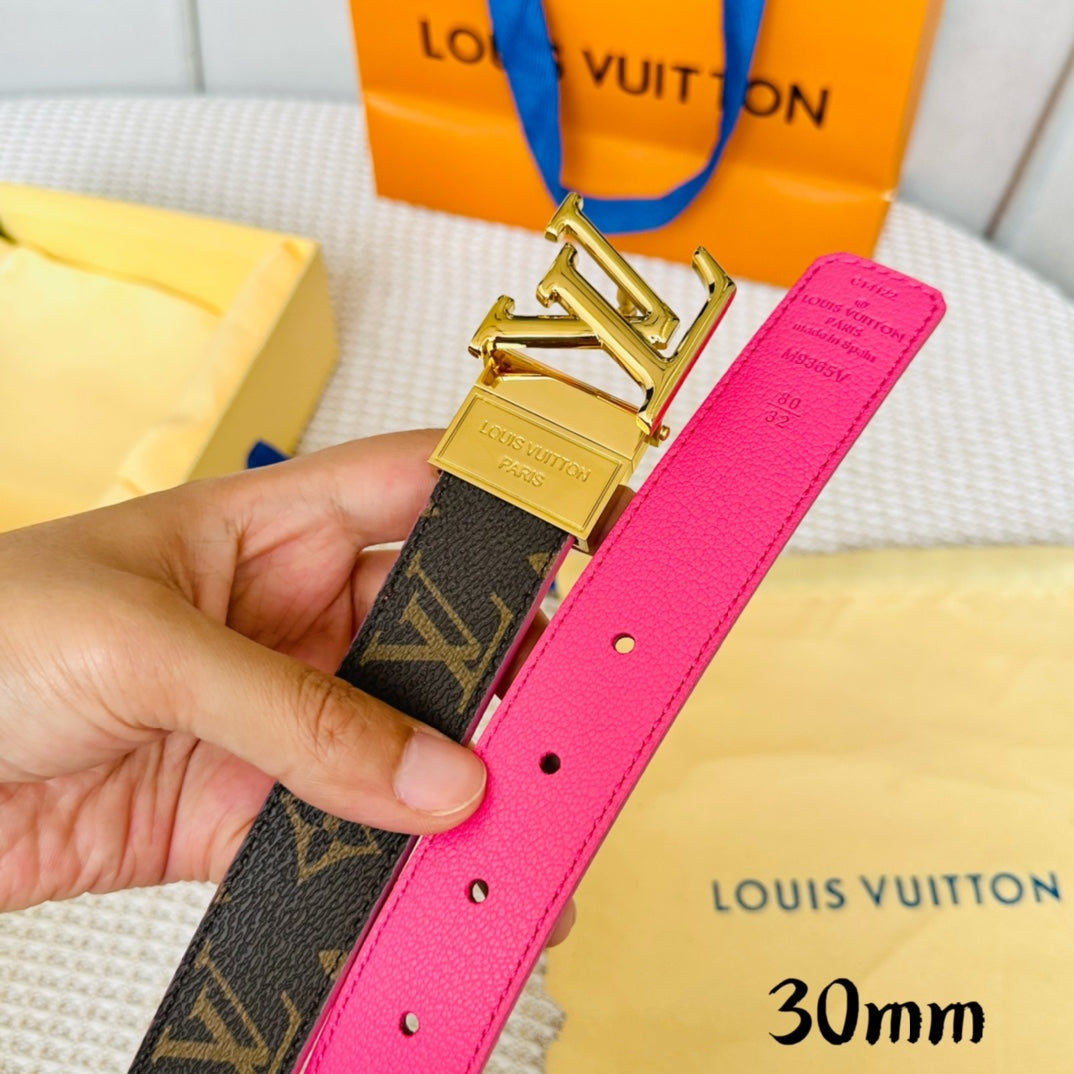 LV Initiales 30mm Reversible Belt Gold Rotating Buckle Hot Pink Brown Leather