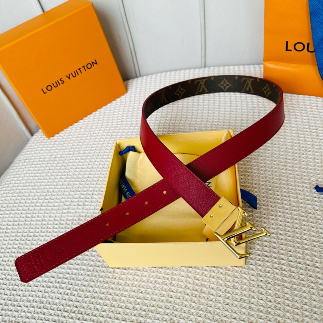 LV Initiales 30mm Reversible Belt Gold Rotating Buckle Burgundy Brown Leather