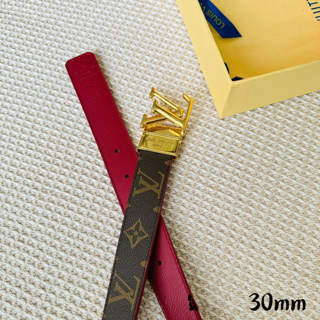 LV Initiales 30mm Reversible Belt Gold Rotating Buckle Burgundy Brown Leather