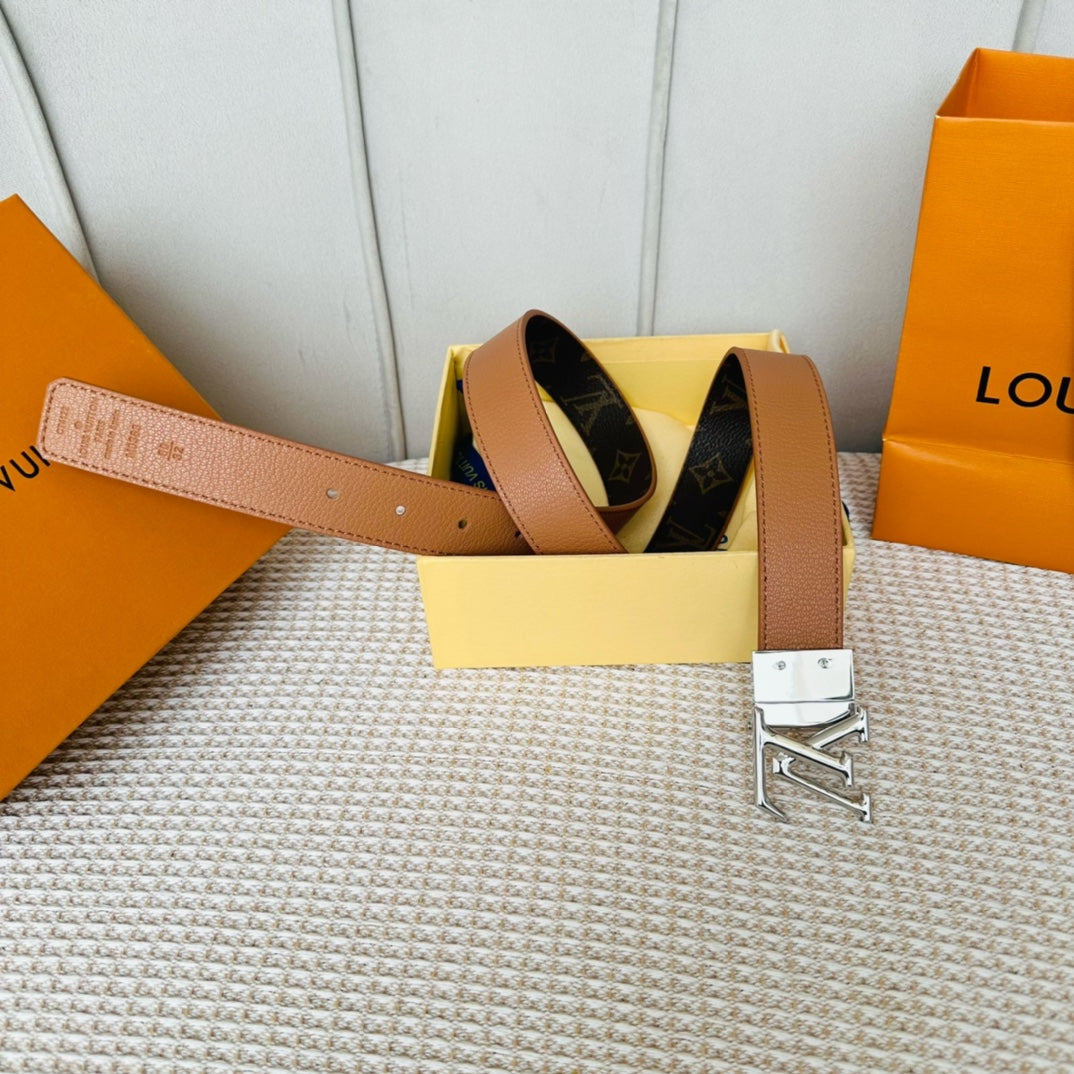 LV Initiales 30mm Reversible Belt Silver Rotating Buckle Tan Brown Leather