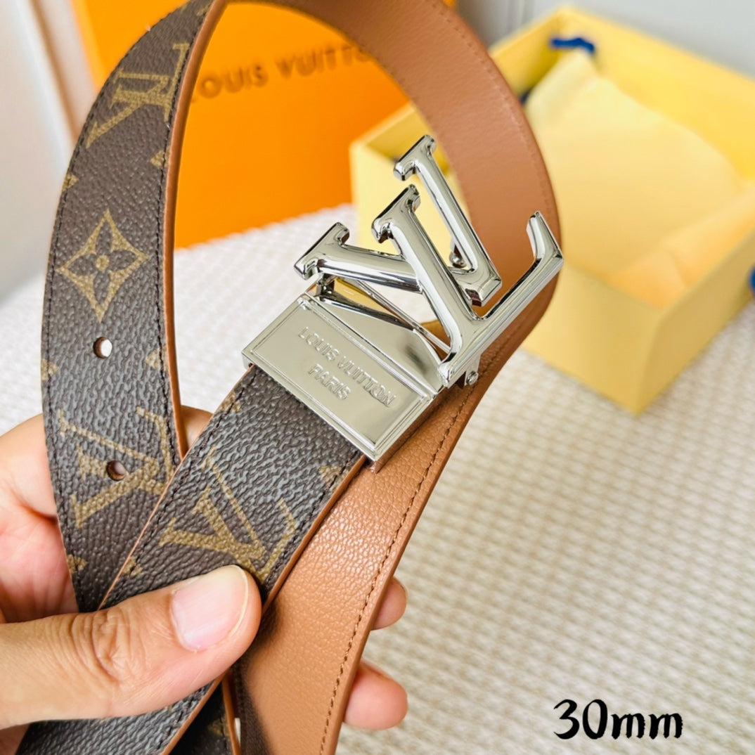 LV Initiales 30mm Reversible Belt Silver Rotating Buckle Tan Brown Leather