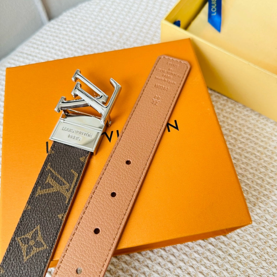 LV Initiales 30mm Reversible Belt Silver Rotating Buckle Tan Brown Leather