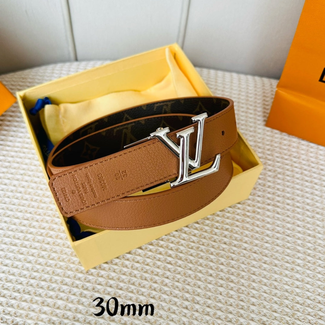 LV Initiales 30mm Reversible Belt Silver Rotating Buckle Tan Brown Leather