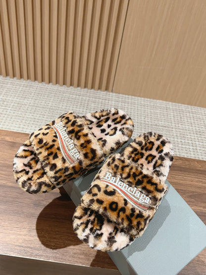 FURRY SLIDES IN LEOPARD PRINT RABBIT FUR