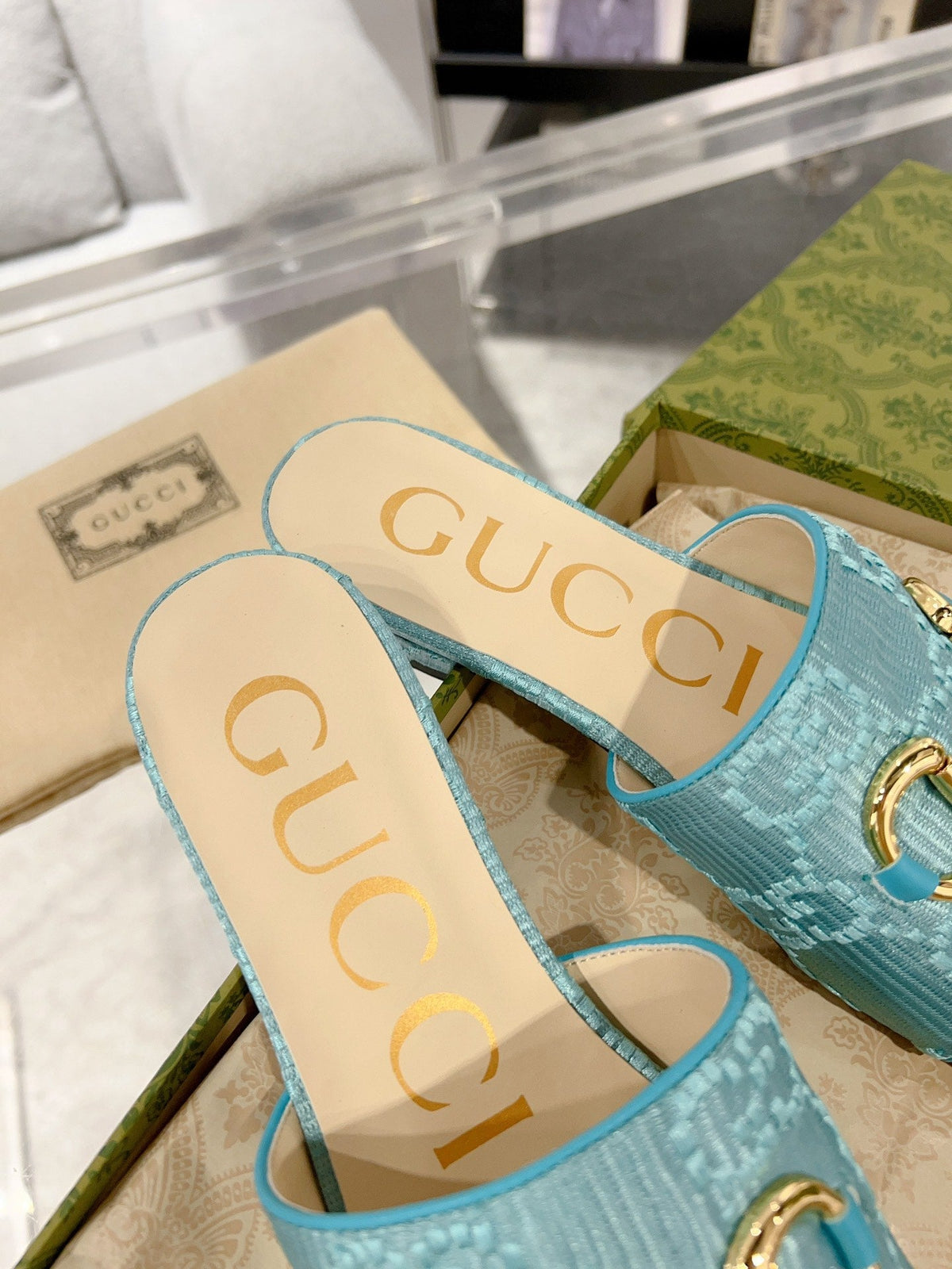 GG CHUNKY SLIDE SANDAL BLUE SKY CALFSKIN