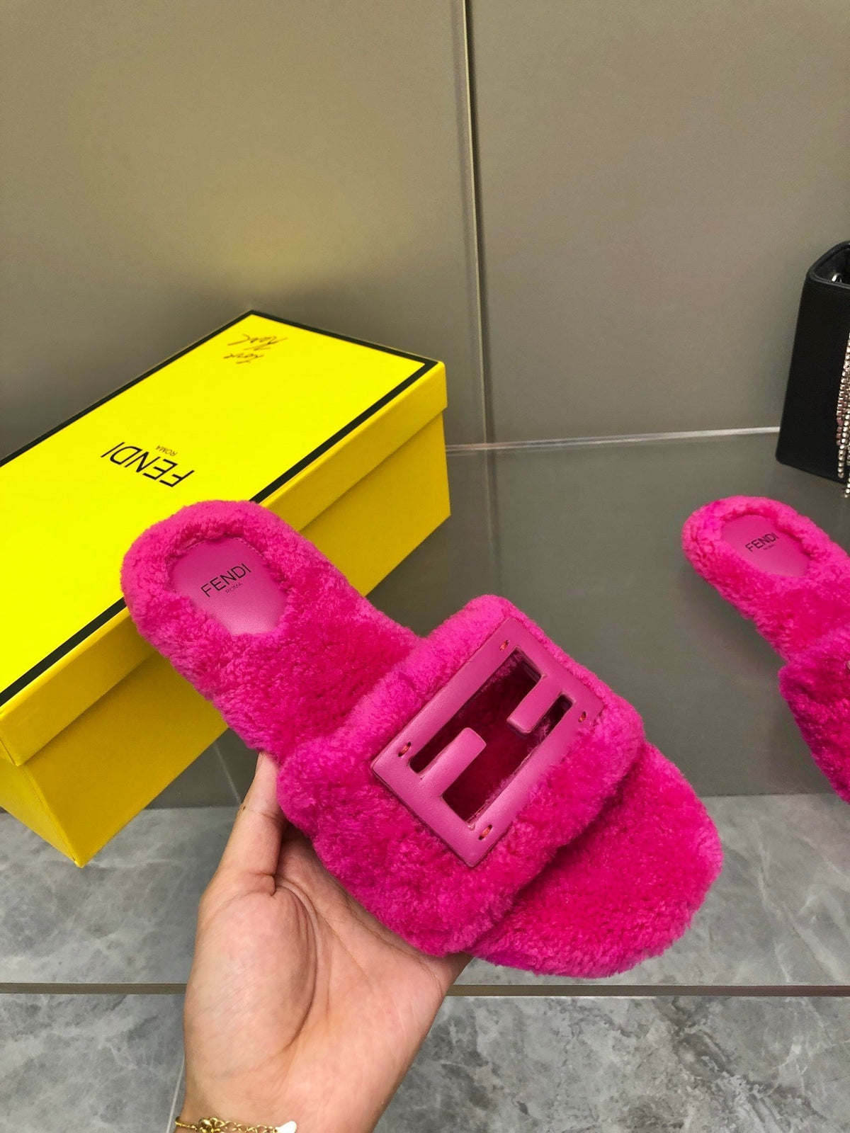 FENDI BAGUETTE SLIDE SLIPPERS IN DEEP PINK WOOL