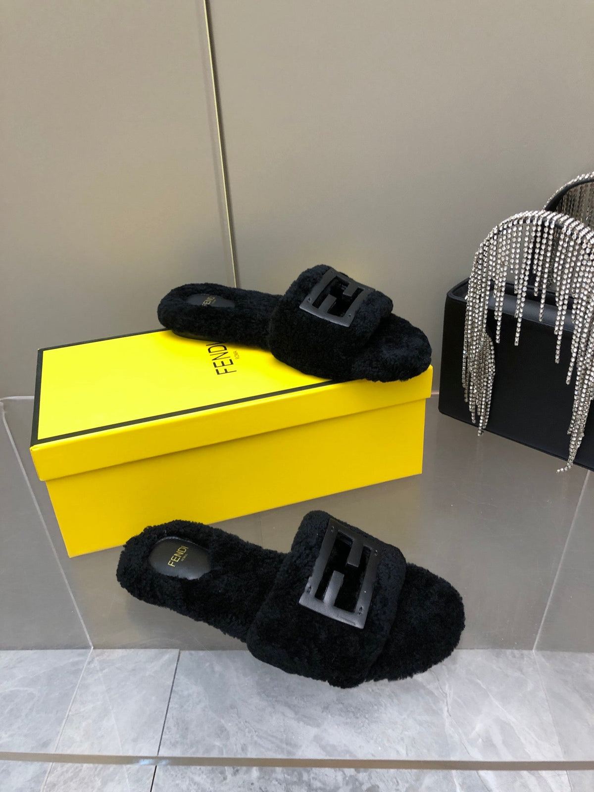 FENDI BAGUETTE SLIDE SLIPPERS IN BLACK WOOL