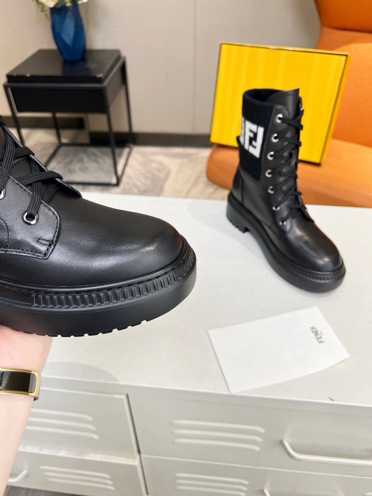 FENDI MARTIN BOOTS IN BLACK CALFSKIN AND FUR
