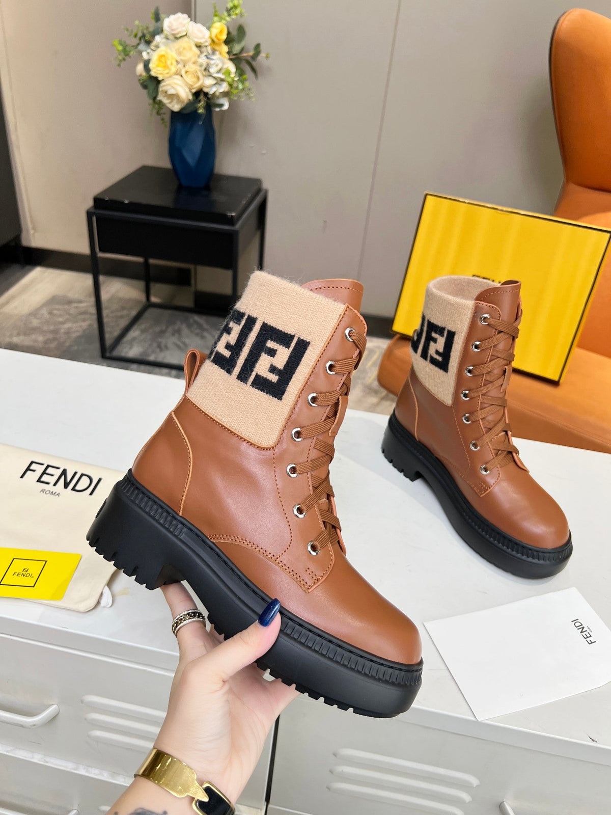 FENDI MARTIN BOOTS IN BRONZE BROWN CALFSKIN AND FUR