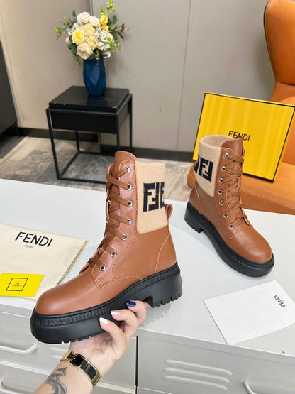 FENDI MARTIN BOOTS IN BRONZE BROWN CALFSKIN AND FUR