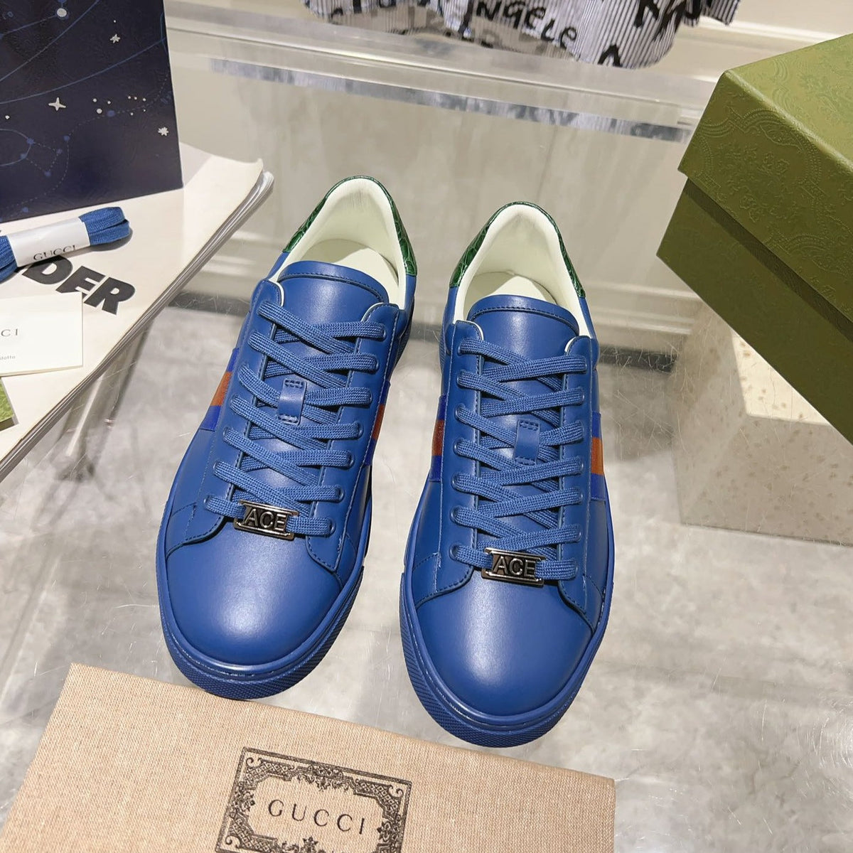 GG ACE GG SUPREME TRAINER AZURE CALFSKIN