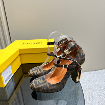 FENDI DELFINA HIGH-HEELED 85 MM SANDAL IN BROWN MONOGRAM FF CANVAS