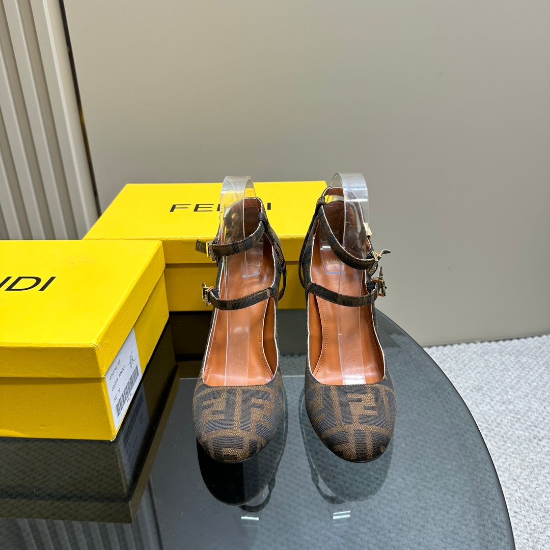 FENDI DELFINA HIGH-HEELED 85 MM SANDAL IN BROWN MONOGRAM FF CANVAS