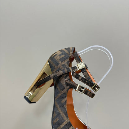 FENDI DELFINA HIGH-HEELED 85 MM SANDAL IN BROWN MONOGRAM FF CANVAS