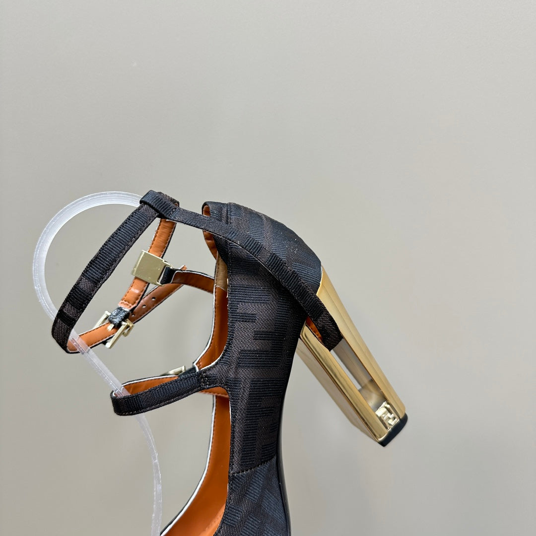 FENDI DELFINA HIGH-HEELED 85 MM SANDAL IN BLACK MONOGRAM FF CANVAS