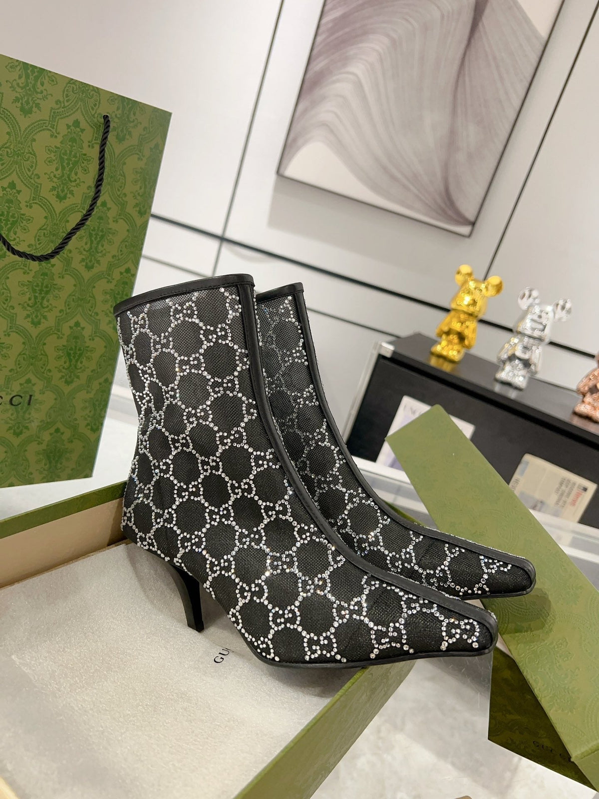 ANKLE BOOTS IN BLACK MESH AND SHEEPSKIN WITH GG CRYSTALS