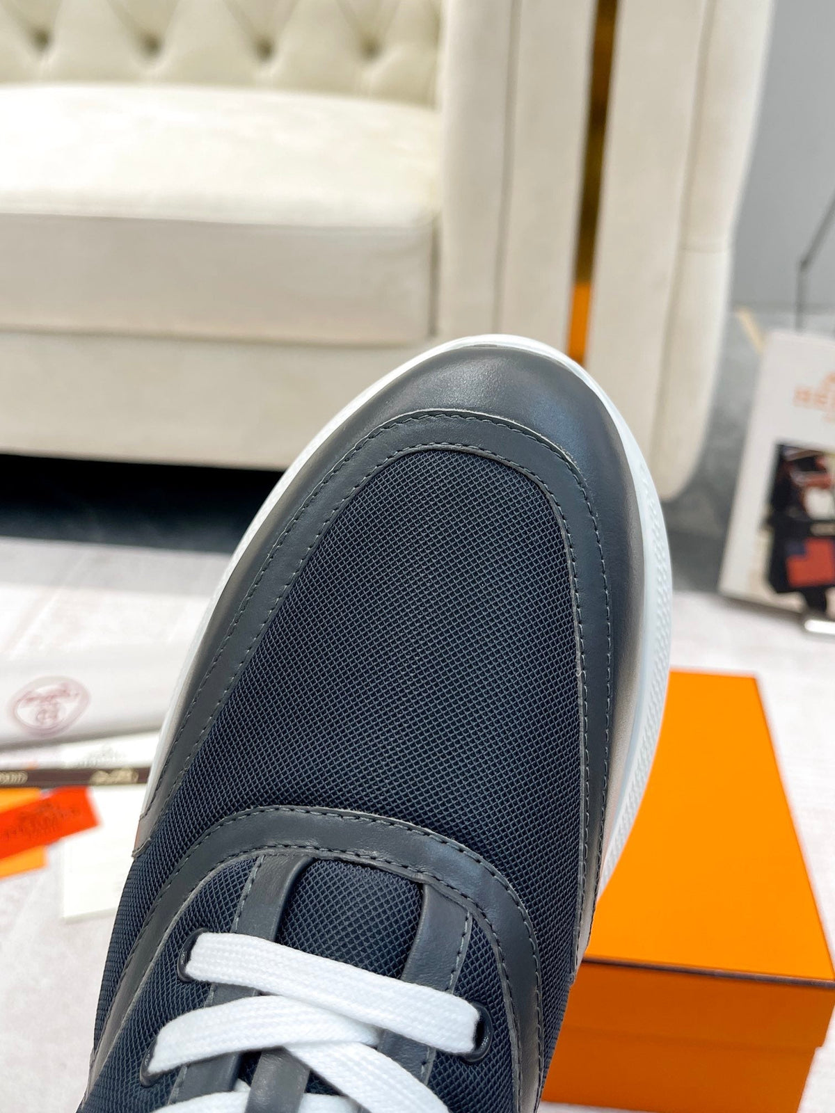 GIGA SNEAKER IN BLACK STITCHED MESH AND CALFSKIN
