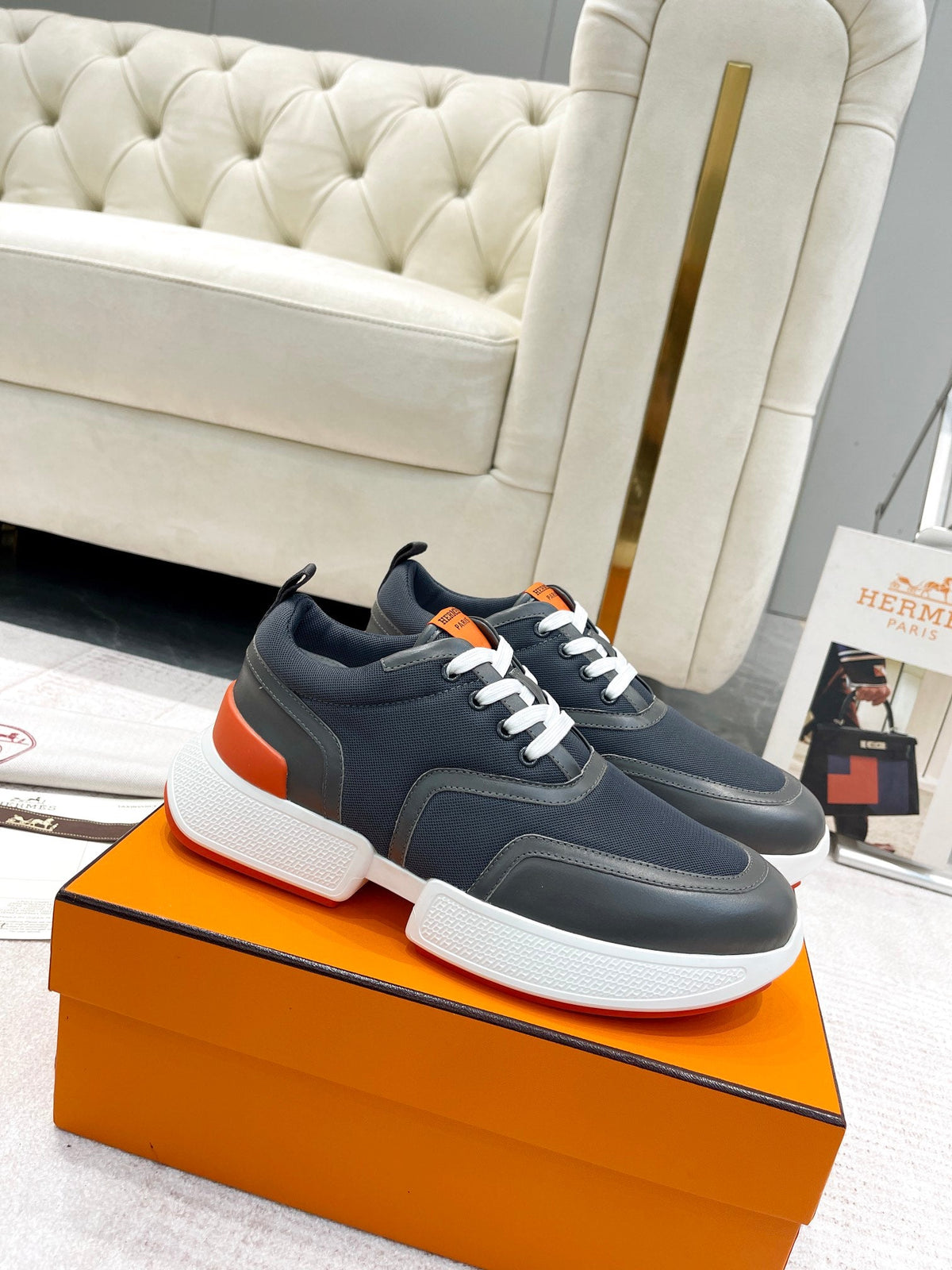 GIGA SNEAKER IN BLACK STITCHED MESH AND CALFSKIN