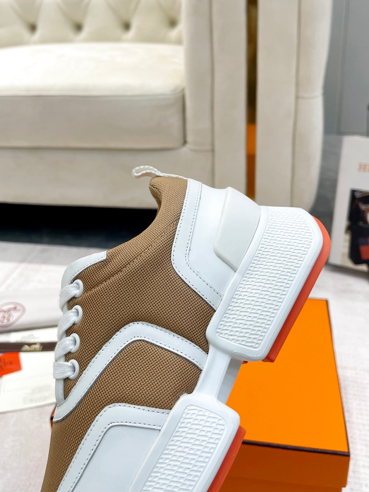 GIGA SNEAKER IN CIDER BROWN STITCHED MESH AND WHITE CALFSKIN