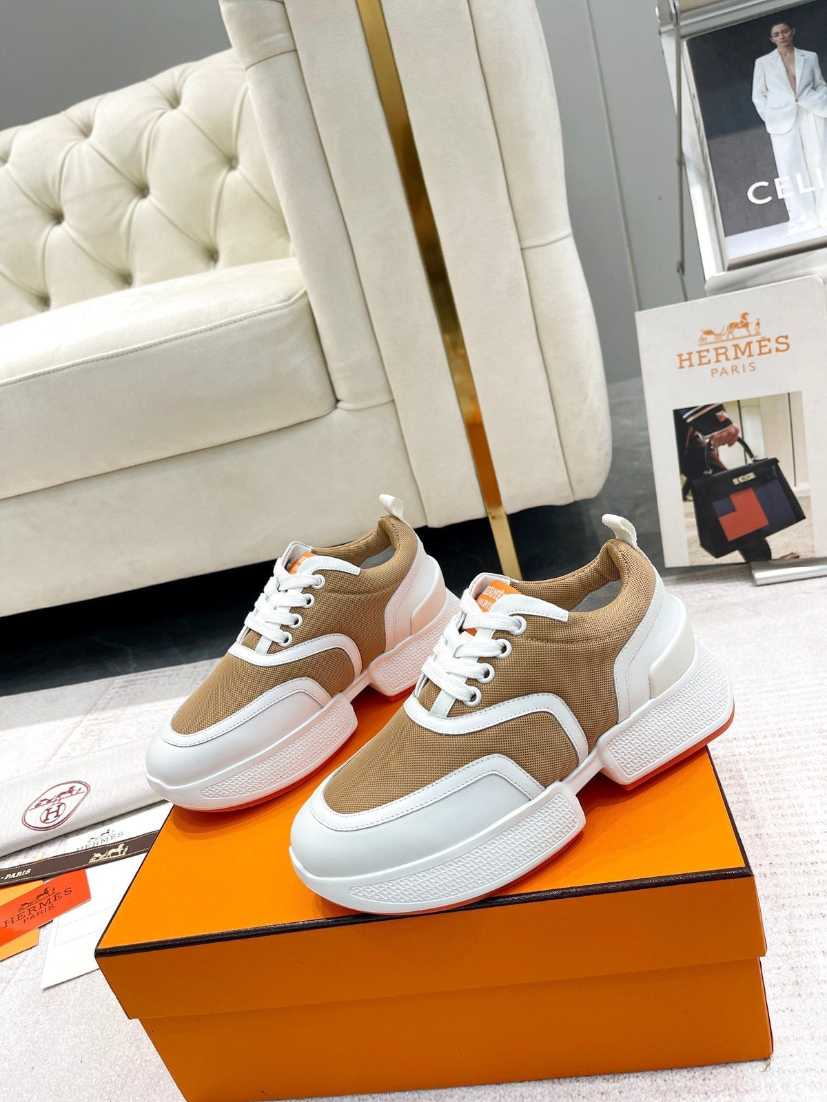 GIGA SNEAKER IN CIDER BROWN STITCHED MESH AND WHITE CALFSKIN