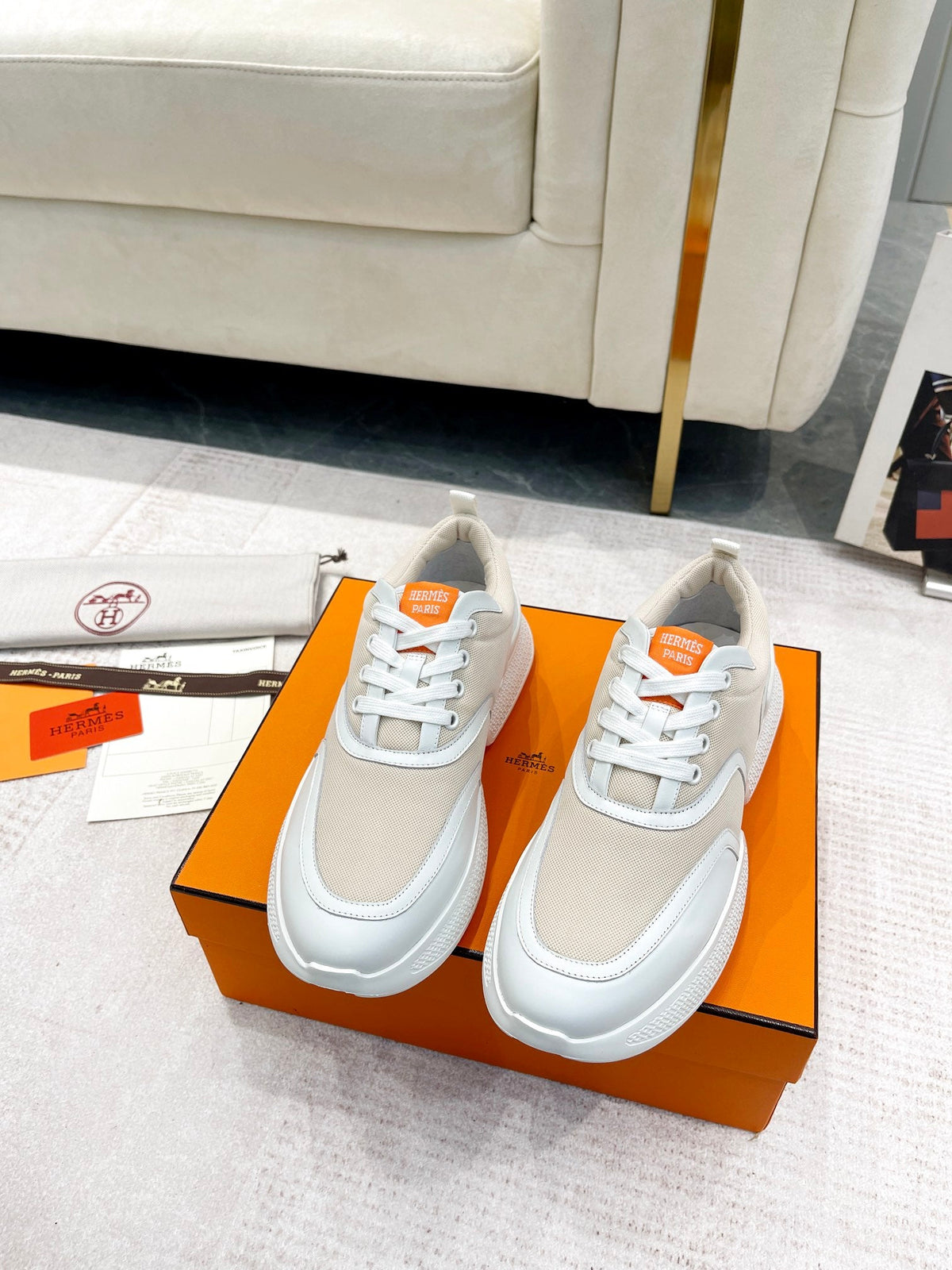 GIGA SNEAKER IN TAN BROWN STITCHED MESH AND WHITE CALFSKIN