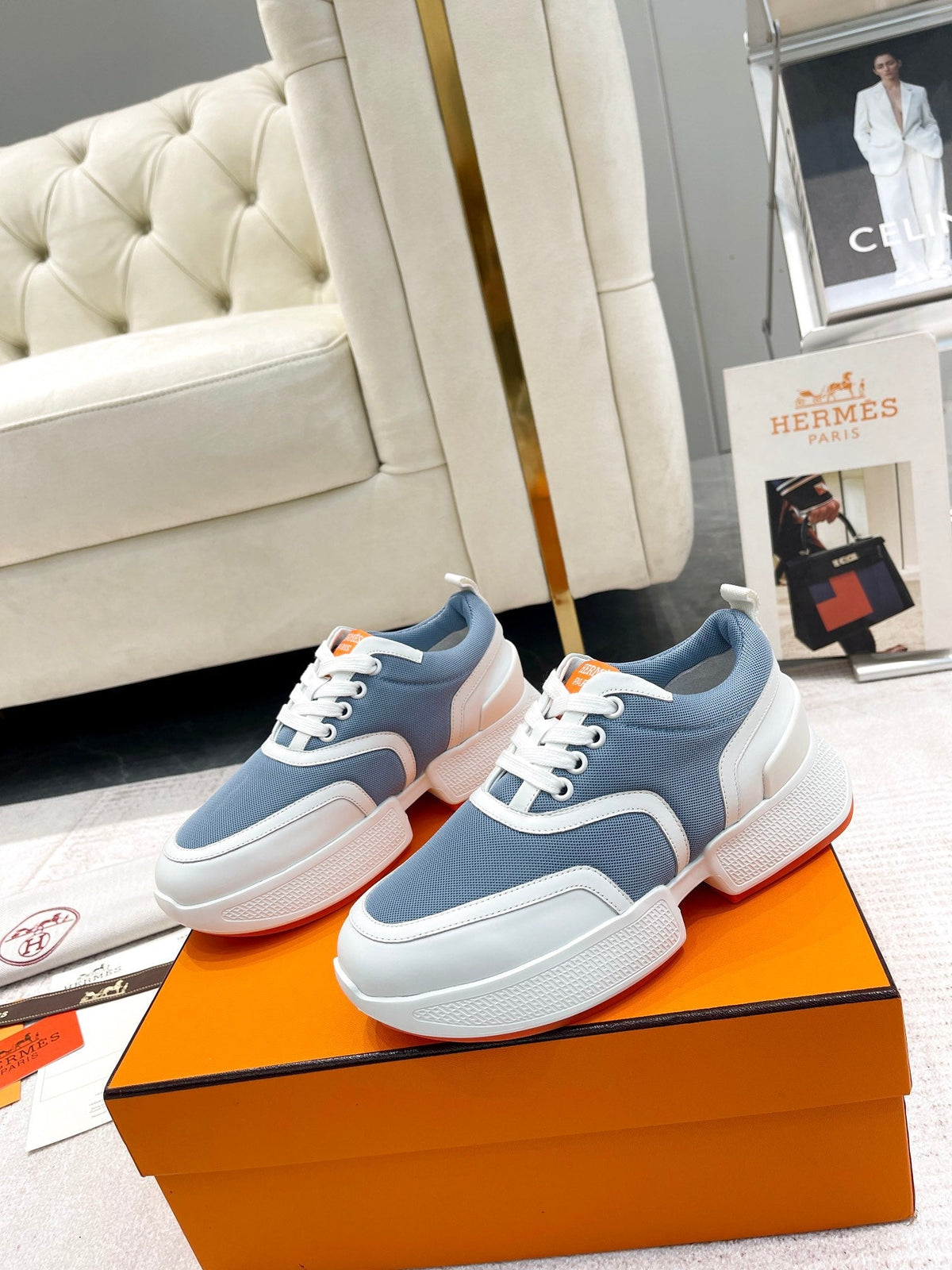GIGA SNEAKER IN AEGEAN BLUE STITCHED MESH AND WHITE CALFSKIN