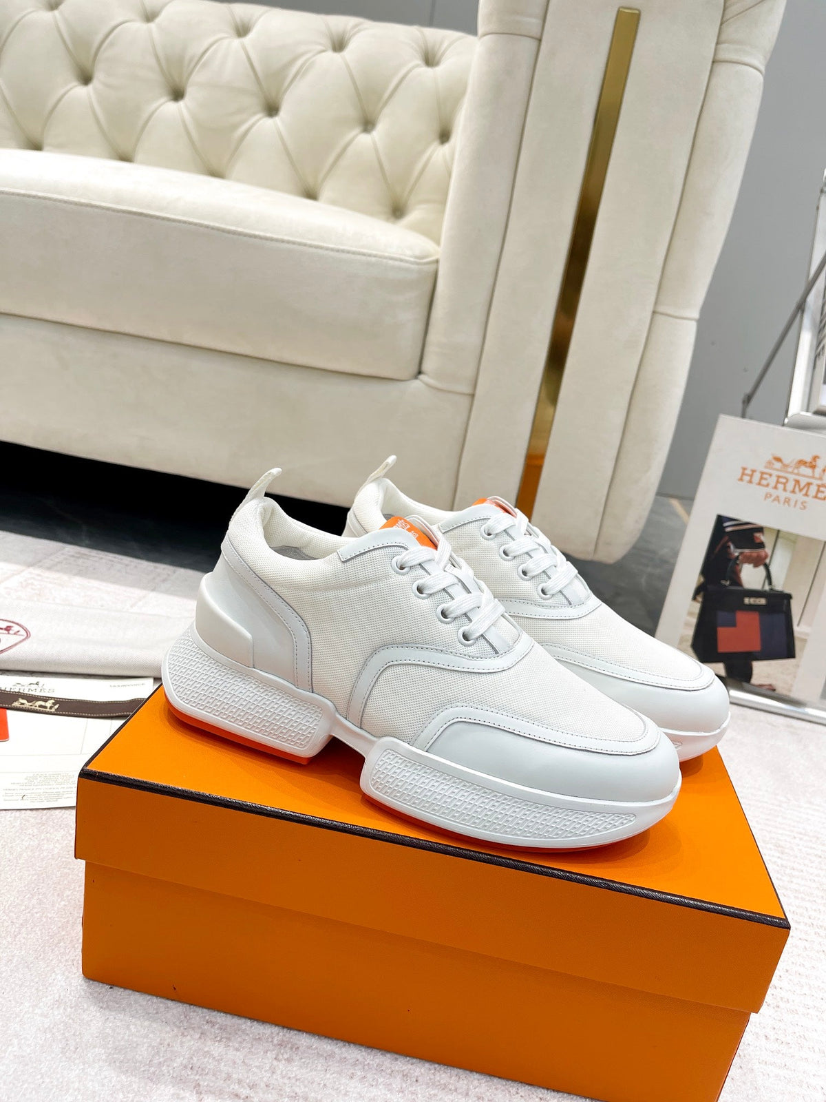 GIGA SNEAKER IN WHITE CREAM STITCHED MESH AND CALFSKIN