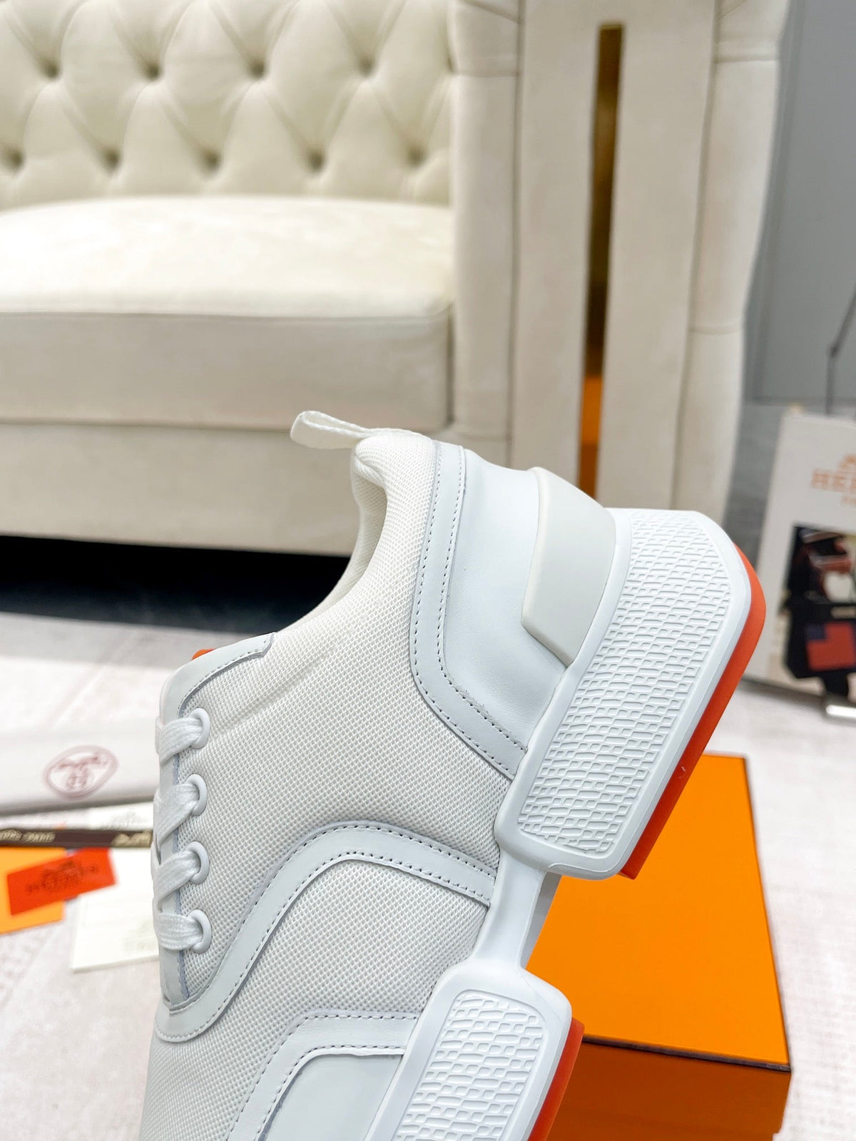 GIGA SNEAKER IN WHITE CREAM STITCHED MESH AND CALFSKIN