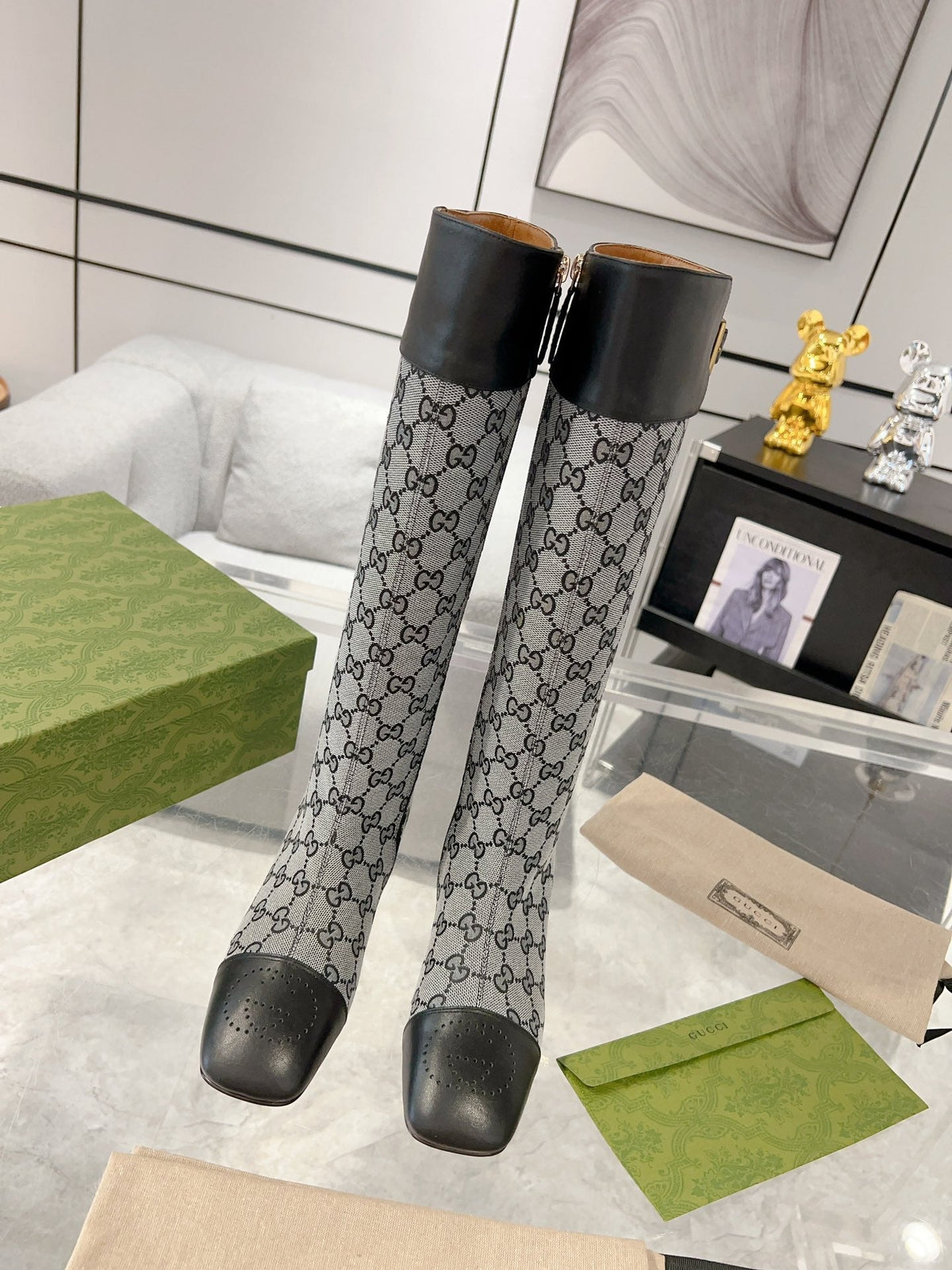 GG KNEE BOOTS IN LIGHT GRAY MONOGRAM CANVAS AND BLACK GLOSSY SHEEPSKIN