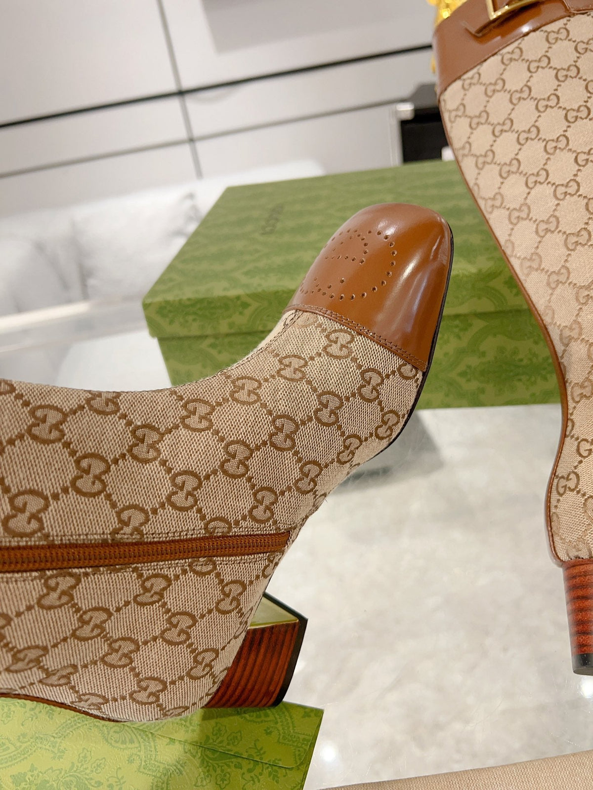 GG KNEE BOOTS IN BRONZE BROWN MONOGRAM CANVAS AND GLOSSY SHEEPSKIN