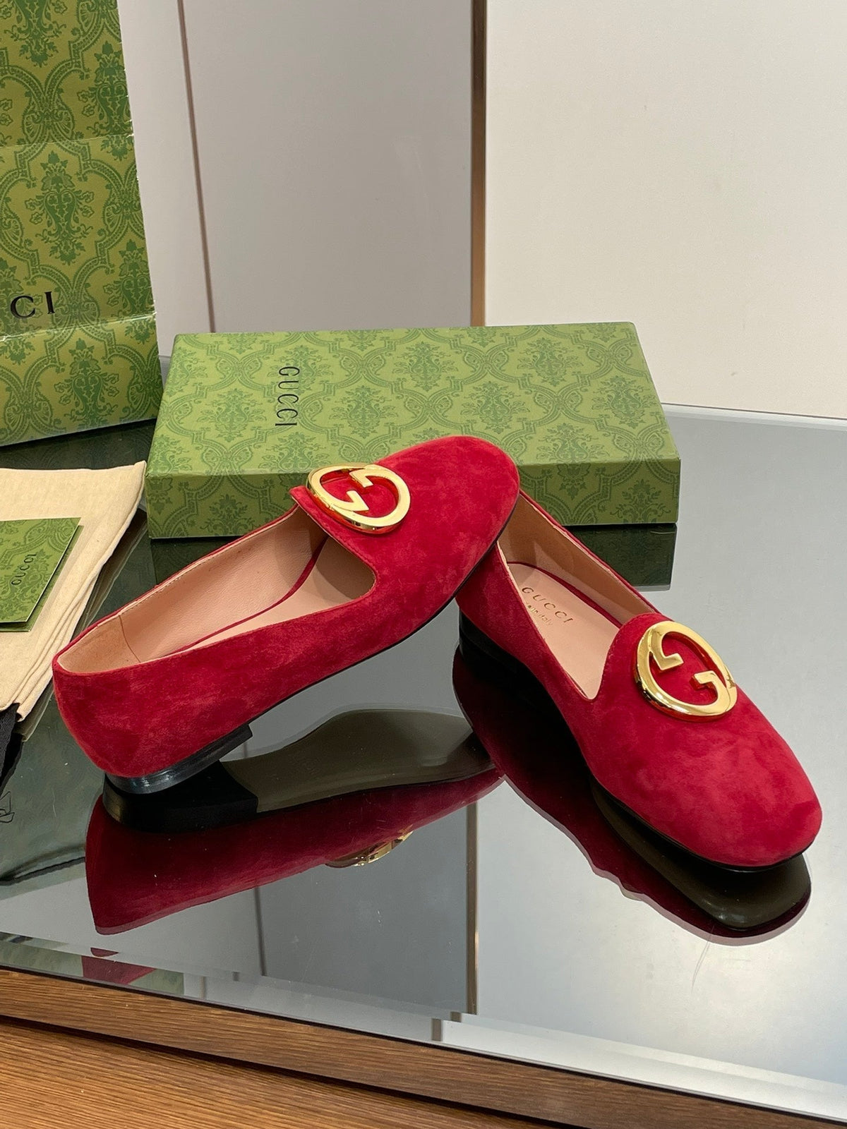 BLONDIE LOGO-PLAQUE LOAFERS IN CRIMSON RED SUEDE WITH GOLD HARDWARE