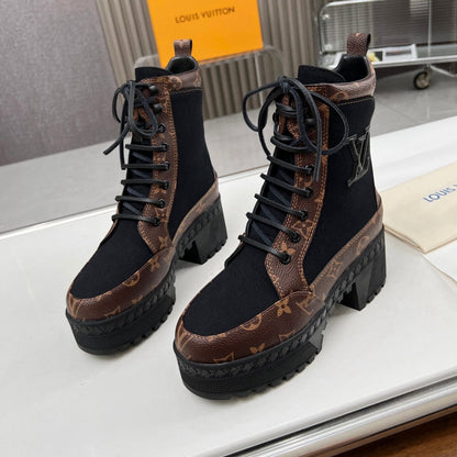 LAUREATE PLATFORM DESERT BOOT IN BLACK JACQUARD AND CHOCOLATE BROWN CALFSKIN