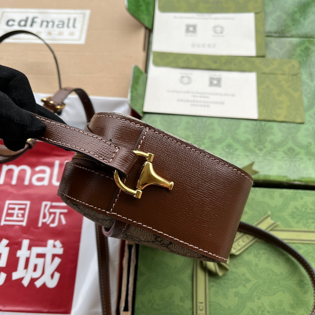 HORSEBIT 1955 SMALL CAMERA BAG 20 IN BEIGE AND EBONY GG BROWN CALFSKIN