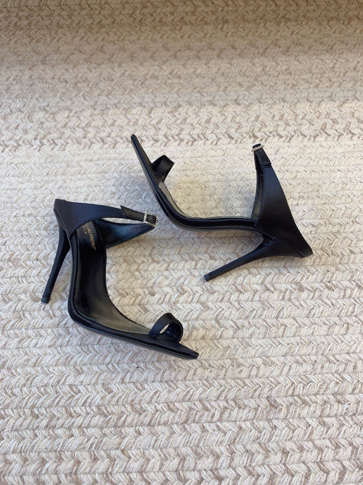 GAP CRYSTAL-BUCKLE SLIDE SANDALS IN BLACK SILK