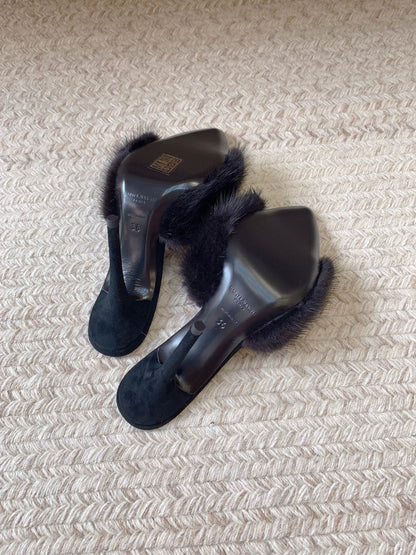 LA 16 HEELED MULES IN BLACK RABBIT FUR AND SMOOTH LAMBSKIN