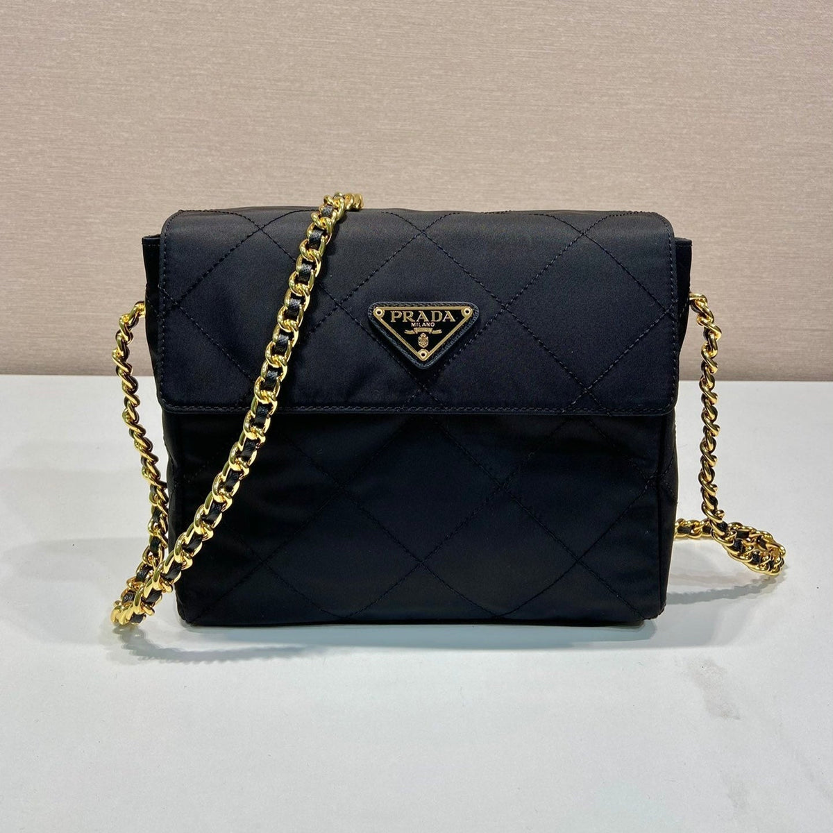 LARGE QUILTED FLAP BAG 23 IN BLACK RE-NYLON FABRIC GOLD CHAIN