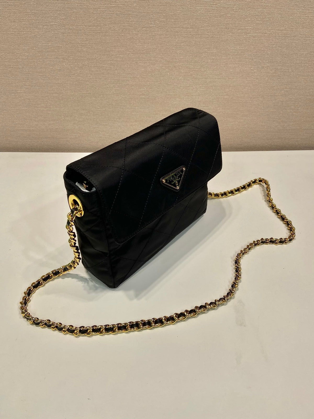 LARGE QUILTED FLAP BAG 23 IN BLACK RE-NYLON FABRIC GOLD CHAIN