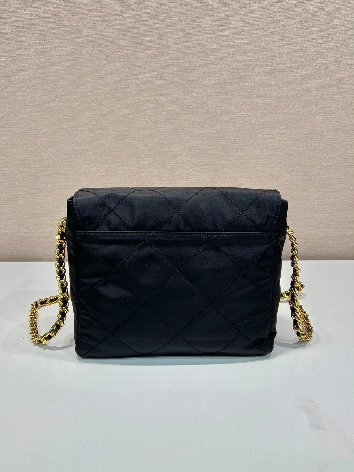 LARGE QUILTED FLAP BAG 23 IN BLACK RE-NYLON FABRIC GOLD CHAIN