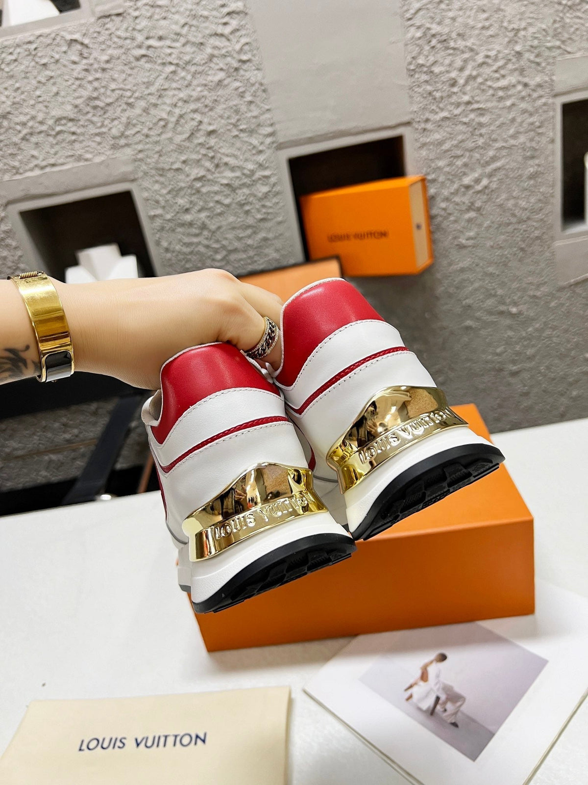 LV WOMEN SNEAKER IN WHITE MIX CHERRY RED CALFSKIN