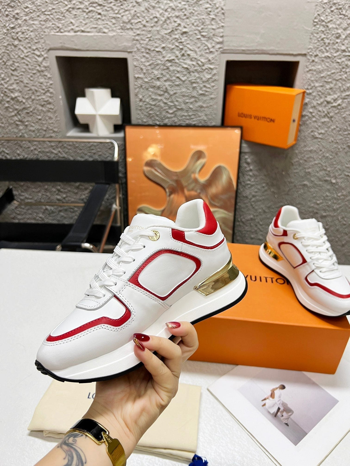 LV WOMEN SNEAKER IN WHITE MIX CHERRY RED CALFSKIN