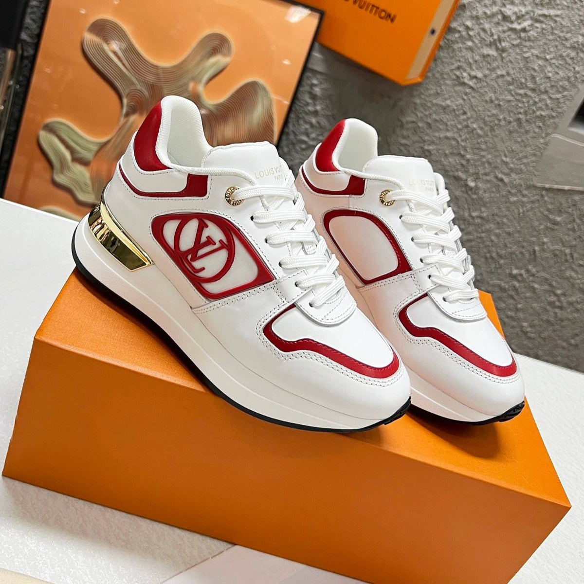 LV WOMEN SNEAKER IN WHITE MIX CHERRY RED CALFSKIN