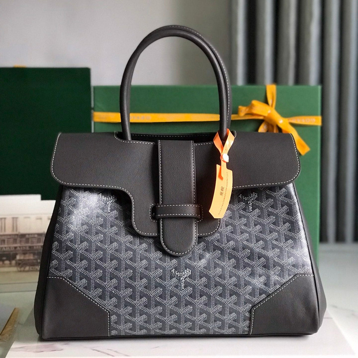 SAIGON SOUPLE BAG 34 IN GREY GOYARDINE CANVAS AND CALFSKIN