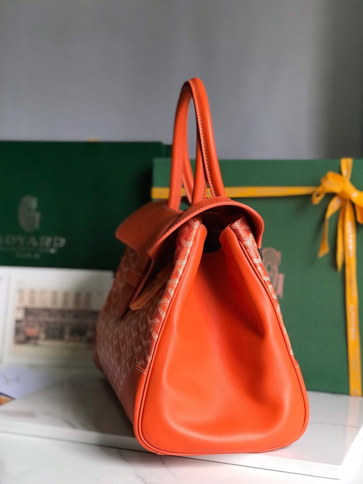 SAIGON SOUPLE BAG 34 IN RED ORANGE GOYARDINE CANVAS AND CALFSKIN