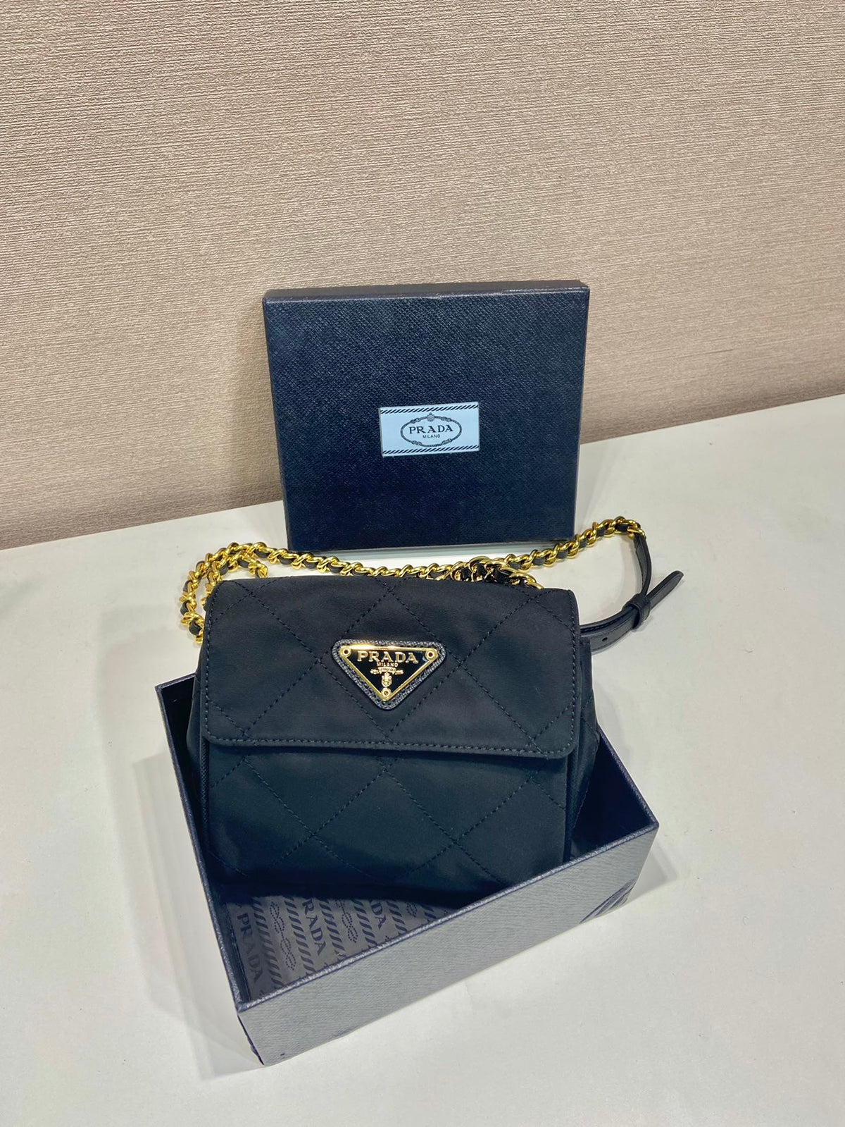 MINI QUILTED FLAP BAG 14 IN BLACK RE-NYLON FABRIC GOLD CHAIN