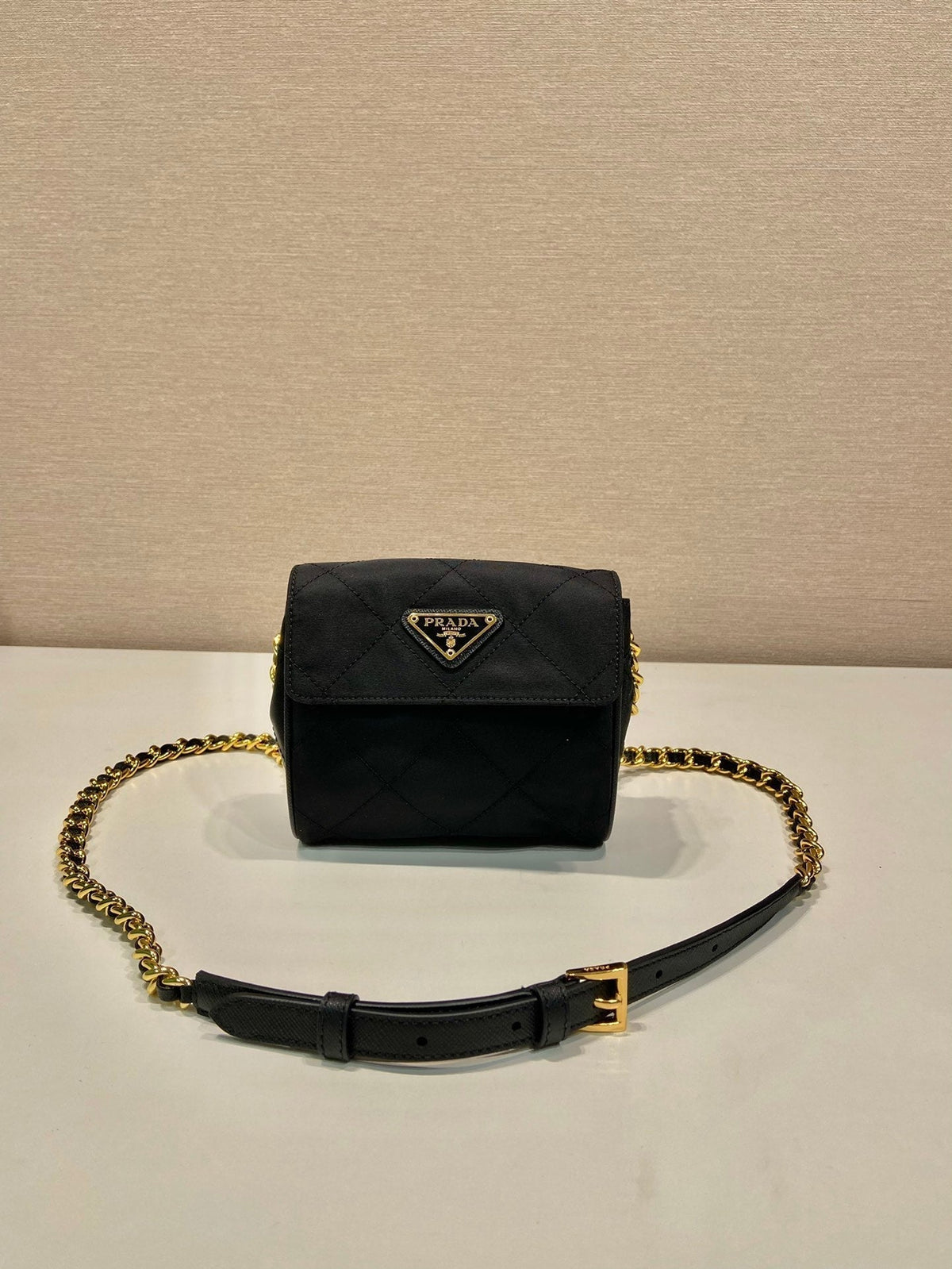 MINI QUILTED FLAP BAG 14 IN BLACK RE-NYLON FABRIC GOLD CHAIN