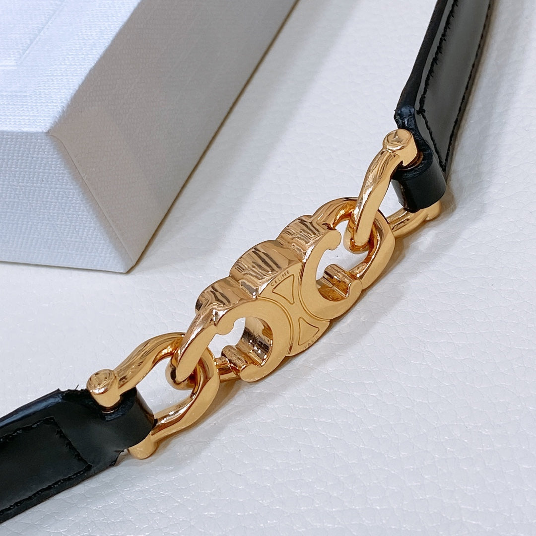 SMALL 18 MM GOURMETTE TRIOMPHE ADJUSTABLE BELT IN BLACK LEATHER GOLD HARDWARE
