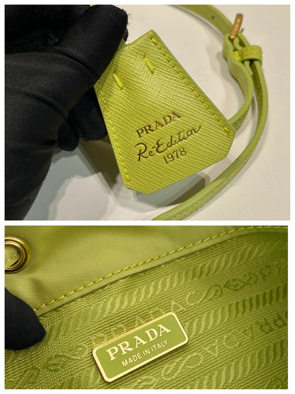 BUCKET BAG 19 IN APPLE GREEN RE-NYLON AND SAFFIANO LEATHER HANDLE
